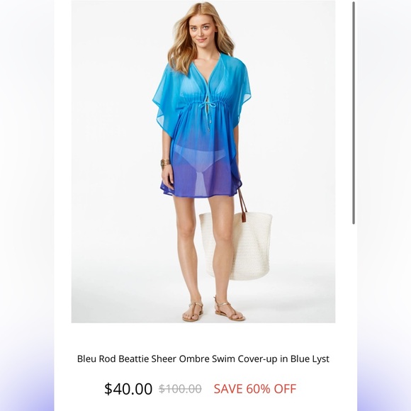 Bleu Rod Beattie Sheer Ombre Swim Cover Up in Blue Lyst Plunging Neckline w Ties - Picture 3 of 13